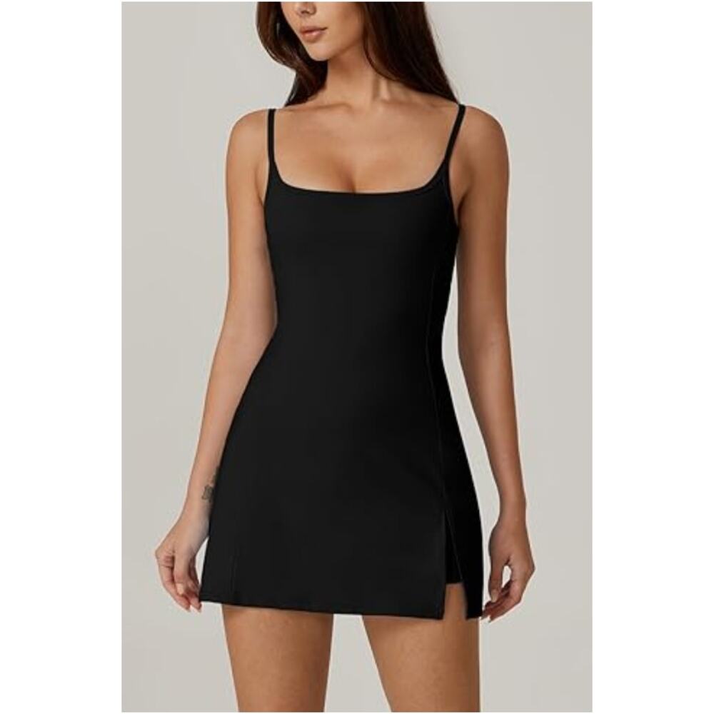 QINSEN Black Tennis Golf Mini Dress Side Slit Active Performance Women Small
